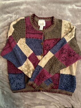 Christopher & Banks Patchwork Crew Cardigan - Plum, Navy, Cream, Olive